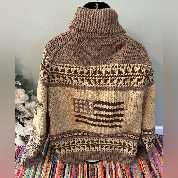 y2k Polo Ralph Lauren Cowichan Sweater Wool Cardigan American Flag Tan XXL - Picture 5 of 6